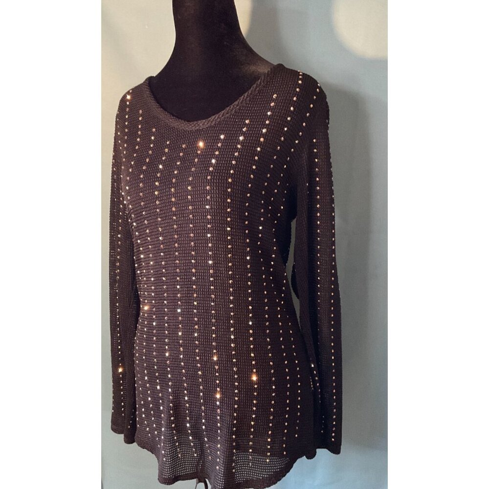 Vocal Womens Black Mesh Long-Sleeve Top With Studded Rhinestone Detailing SIZE M